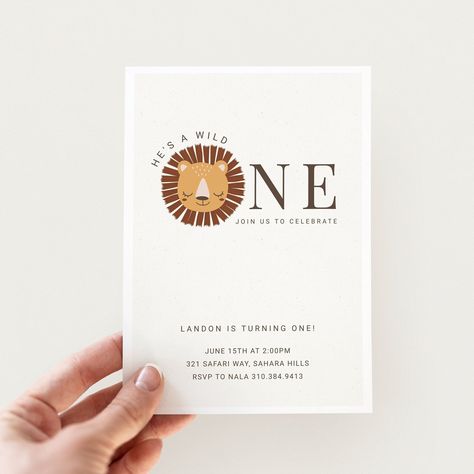 Lion One Year Old Party, 1st Birthday Lion Theme, Wild One Lion First Birthday, Wild One 1st Birthday Boys, Lion 1st Birthday Party Ideas, Safari First Birthday Party Boy, Wild One First Birthday Boys, Wild One Invitation Template, Lion Themed Birthday Party