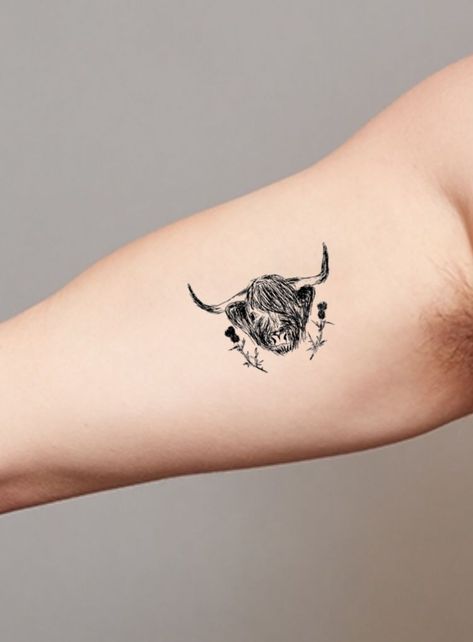 Coo Tattoo Ideas, Shaggy Cow Tattoo, Tattoo Ideas Scottish, Cute Simple Country Tattoos, Mini Cow Tattoo Ideas, Small Farm Tattoo Ideas, Hiland Cow Tattoos, Scotland Tattoo Ideas For Men, Highland Cows Tattoos