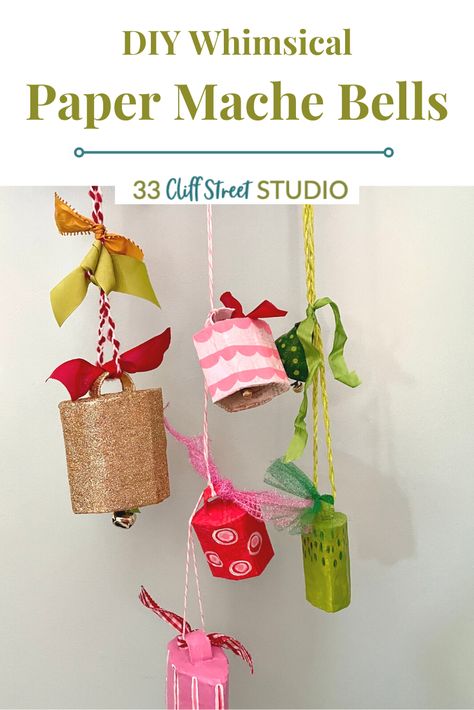 Learn to make these colorful, whimsical paper mache bells using upcycled materials. Great for holiday decor and gifting, easy to customize for any occasion! Paper Mache Bells, Paper Bells Diy, Diy Paper Mache Ornaments, Easy Paper Mache Projects, Paper Mache Ornaments, Diy Paper Mache, Paper Mache Paste, Dreamy Christmas, Paper Mache Christmas