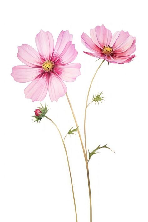 Watercolor cosmos flower blossom petal plant. | free image by rawpixel.com / Darakoon Jaktreemongkol Cosmo Flower Painting, Cosmos Flowers Watercolor, Watercolour Cosmos Flower, Flower Illustration Watercolor, Watercolor Flower Composition, Cosmo Watercolor, Cosmos Flower Tattoos, Cosmo Flower Drawing, Draw Cosmos