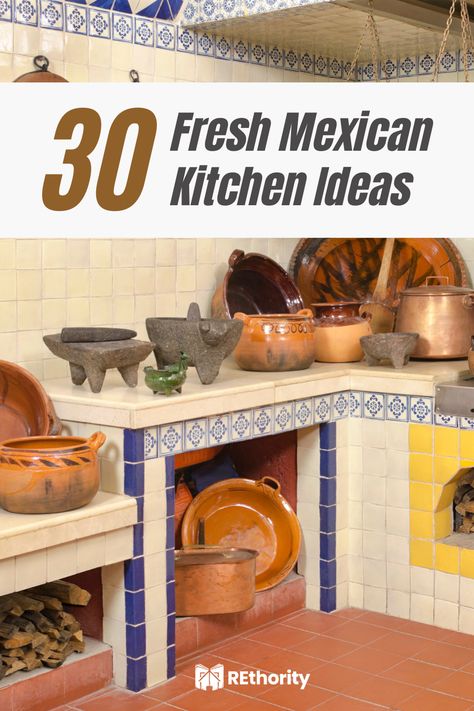 Do you want to bring a touch of Mexican flavor to your kitchen? With these 30 fresh Mexican kitchen ideas, your kitchen can be bursting with authentic Mexican flavors, from classic tortillas to modern margaritas! Whether you're looking for a traditional Mexican meal or a fun twist on a classic, these ideas are sure to please! Mexican Countertops, Talavera Kitchen Mexican Style, Mexican Colors Kitchen, Mexican Inspired Kitchen Decor, Mexican Restroom Ideas, Traditional Mexican Kitchen Design, Mexico Inspired Kitchen, Traditional Spanish Kitchen, Mexico Kitchen Ideas