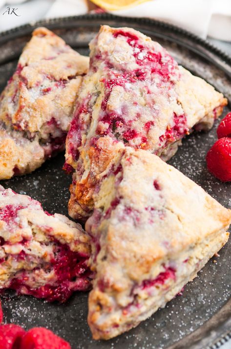 Lemon Raspberry Scones - Aberdeen's Kitchen Raspberry Scones Recipe Easy, Lemon Raspberry Scones, Raspberry Scones, Scones Recipe Easy, Homemade Scones, Baking Soda And Lemon, Yummy Dishes, Raspberry Recipes, Inside House