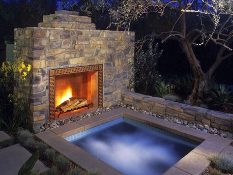 Hot tub-fireplace combo? I think it would be even more amazingfor it to be a double-sided fire place. Hot tub on one side, patio on the other with really comfy chairs and rockers! Front Gardens, Hot Tub Designs, Pool Small, Outdoor Fireplace Designs, Hot Tub Garden, Tub Ideas, Outdoor Buildings, Front Yards, Outdoor Spa