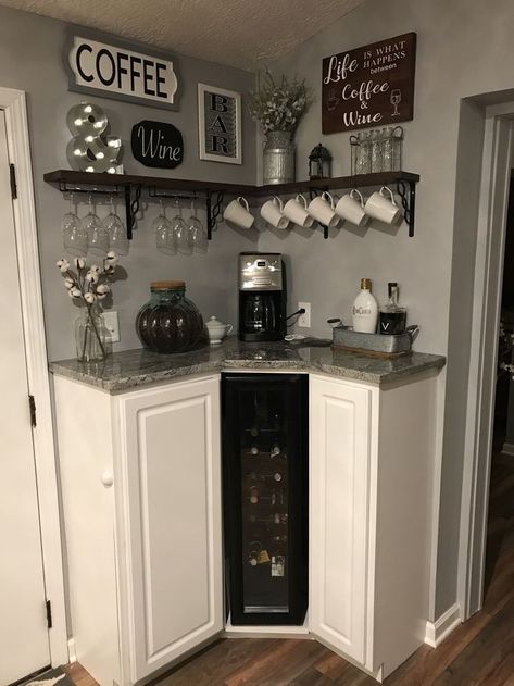 Coffee Vibes Aesthetic, Coffee Bar In Kitchen, Coffee Bar Ideas Kitchen, Corner Coffee Bar, Bar In Kitchen, Coffee Bar Ideas Kitchen Counter, Wine And Coffee Bar, Coffee/wine Bar, Coffee Vibes