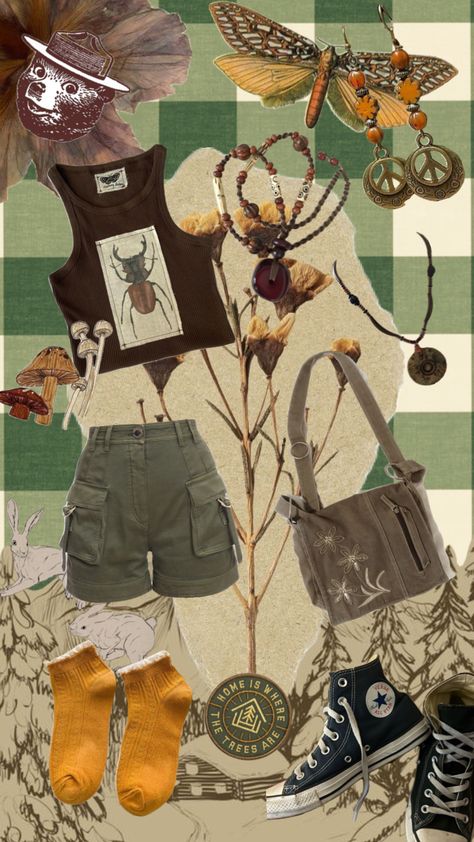 #nature #granolagirl #smokeythebear #folk #outfitideas Woodland Aesthetic Outfit, Folk Outfits Aesthetic, Folk Aesthetic Outfit, Folk Punk Fashion, Woodsy Outfit, Folk Punk Aesthetic, Adventurecore Outfit, Crowcore Outfit, Cottagecore Punk