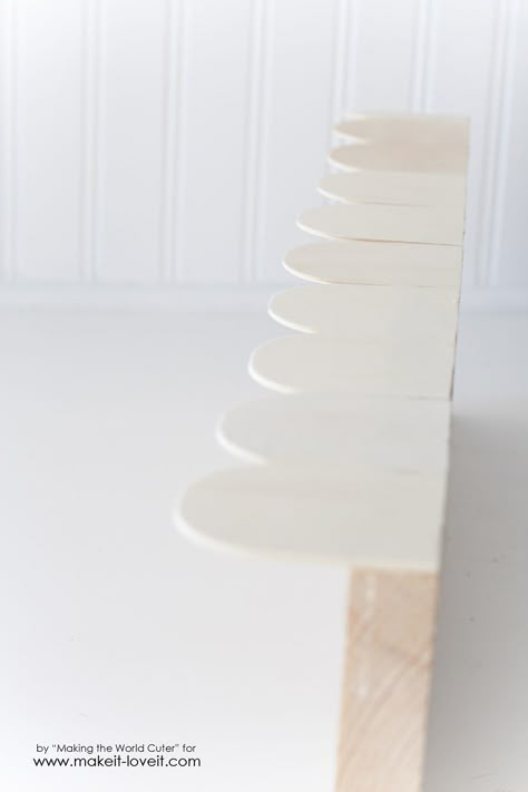 Scallop Floating Shelf, Diy Shelves Nursery, Diy Decorative Shelf, Scalloped Wall Shelves, Diy Scalloped Wood Trim, Scallop Edge Furniture, Scallop Bookcase, Scalloped Cabinet Trim, Diy Scalloped Bookshelf