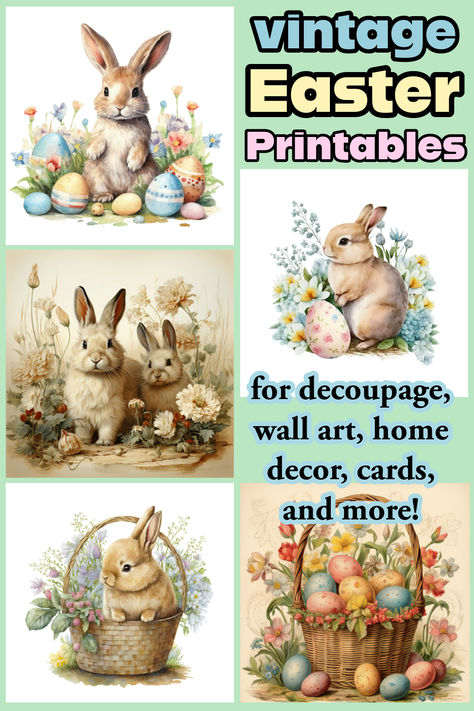 Sweet, vintage Easter printables are available now! Get started on diy projects and crafts with printables that can be used for decoupage, wall art, home decor, cards, and more. Choose from thousands of options to make your diys unique and one of a kind. Easter printables that are vintage inspired are great for diy projects and crafts. Print on rice paper, tissue paper, poster, card stock, resize them for miniatures or large wall art. Vintage Easter printables for decoupage home decor. Free Vintage Easter Printables, Clothespin Carrots, Vintage Easter Printables, Shapes Digital Art, Decoupage Wall Art, Easter Bunny Images, Decoupage Wall, Bunny Images, Easter Printables Free