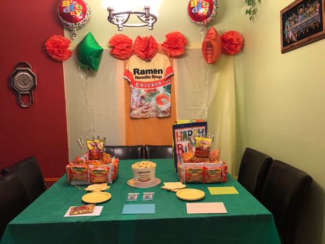 Ramen Noodle Birthday Party Ramen Noodle Birthday Party Decorations, Maruchan Birthday Theme, Ramen Party Theme, Ramen Party Decor, Ramen Noodle Party, Ramen Themed Birthday, Noodle Birthday Party, Maruchan Party Ideas, Ramen Noodle Birthday Party