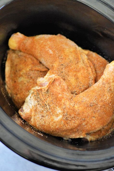 How to cook Crockpot chicken leg quarters in just a few hours. Fork tender legs and thighs, then crisp the skin when done. A healthy dinner. Quarter Chicken Legs Recipes Crockpot, Chicken Quarters In Crockpot, Crockpot Leg Quarters, Slow Cooker Leg Quarters, Crockpot Chicken Hindquarters, Chicken Thigh And Leg Recipes Slow Cooker, Let Quarter Recipes, Best Chicken Leg Quarters Recipe, Chicken Leg Quarter Crockpot Recipes