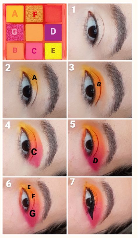 Sunset Eyeshadow Tutorial Step By Step, Luau Makeup Ideas, Pink And Orange Eyeshadow Looks, Hawaiian Makeup Look, Sunset Eyeshadow Looks, Folklorico Makeup, Hawaiian Makeup, Orange Eyeshadow Looks, Nyx Eyeliner