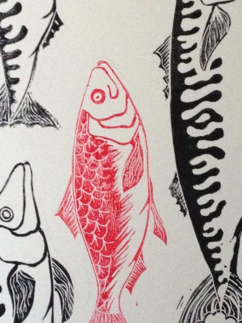 Red Herring Tattoo, Herring Tattoo, Herring Fish, Lino Prints, Red Herring, Ap Art, Lino Print, Hand Coloring, Graphic Illustration