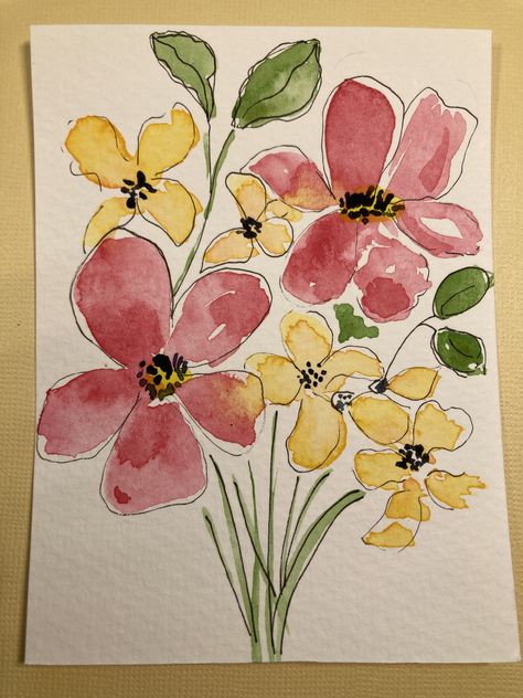 Aesthetic Marker Drawings Easy, Cute Floral Paintings Easy, Watercolor With Black Pen, Watercolor Art Ideas Easy Simple Flowers, Easy Flowers Watercolor, Easy Art Watercolor, Simple Painting Ideas Watercolour, Water Coloring Ideas Easy Flowers, Watercolor Inspirations Beginner