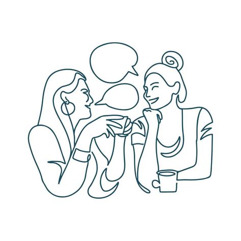 Continuous line drawing of two women drinking coffee in a restaurant. Two happy girls chatting, laughing and talking. Two lady having a conversation. Vector one line illustration. Drawing Of Women, One Line Illustration, Women Drinking, Travel Agency Logo, Women Talking, Women Talk, Continuous Line Drawing, Logotype Design, Continuous Line