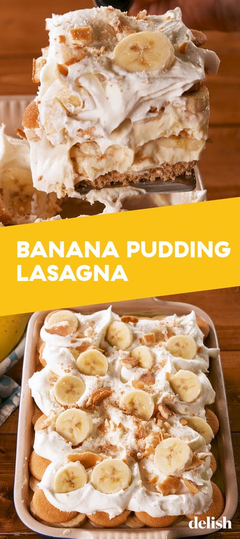 Going BANANAS over this Banana Pudding Lasagna.  Get the recipe at Delish.com. #recipe #easy #easyrecipes #delish #banana #pudding #lasagna #dessert #fruit # whippedcream #nobake Delish Banana Pudding, Desserts For Nursing Homes, Fruit Dessert Recipes Easy, Rodney Scott’s Banana Pudding, Desserts That Go With Lasagna, No Bake Dessert Lasagna Recipe, Fruit Lasagna Dessert, Banana Lasagna Dessert, Desert Lasagna Recipes