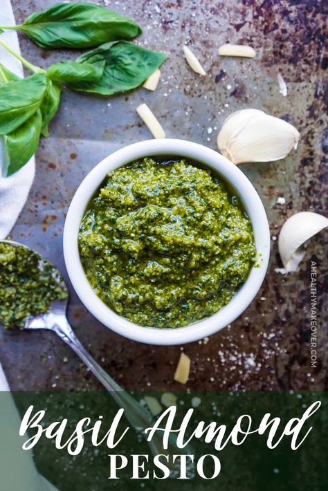 Basil Almond Pesto Recipe | A Healthy Makeover Recipes Basic Pesto Recipe, Almond Pesto Recipe, Fresh Basil Pesto Recipe, Homemade Basil Pesto, Almond Pesto, Basil Pesto Recipes, Basil Recipes, How To Make Pesto, Photo Food