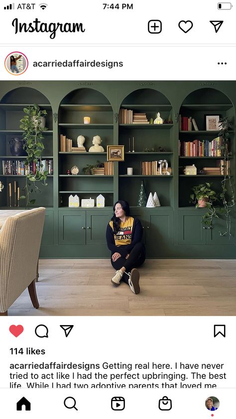 Hunter Green Built In Bookcase, Built In Bookshelves With Arches, Closet And Library Combo, Art Deco Built In Bookcase, Built In Bookshelves Green, Green Painted Bookshelves, Emerald Green Bookshelf, Dark Green Built In Bookcase, Forest Green Built Ins