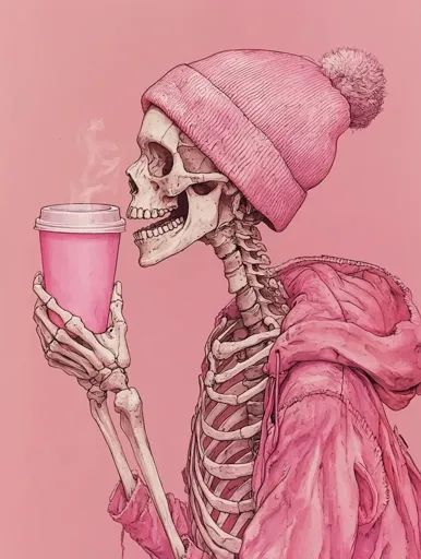 ↑↑↑ Larger size on website 🔸 A skeleton, wearing a pink beanie and a pink hoodie, holds a pink cup of coffee. Steam rises from th Pink Halloween Aesthetic, Pink Skull Wallpaper, Coffee Steam, Heart Blocks, Pink Beanie, Calorie Recipes, Butterfly Wallpaper Iphone, Pink Coffee, Pink Cups