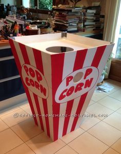 Cool Popcorn Costume Made in 3 Days Popcorn Costume Diy, Popcorn Costume, Haunted Circus, Popcorn Theme, Deco Cinema, Cirque Vintage, Popcorn Stand, Scary Halloween Decorations Outdoor, Halloween Popcorn