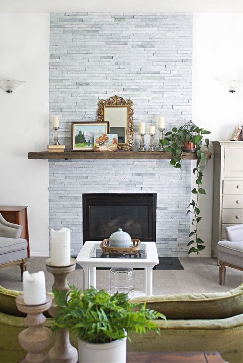 Brick Wall Around Fireplace, How To Make Old Fireplace Look Modern, Fireplace Makeover On A Budget, Fireplace Refacing Tile, Fireplace Facing Ideas, How To Reface A Fireplace, Flat Fireplace Makeover, Builder Fireplace Makeover, Inexpensive Fireplace Makeover