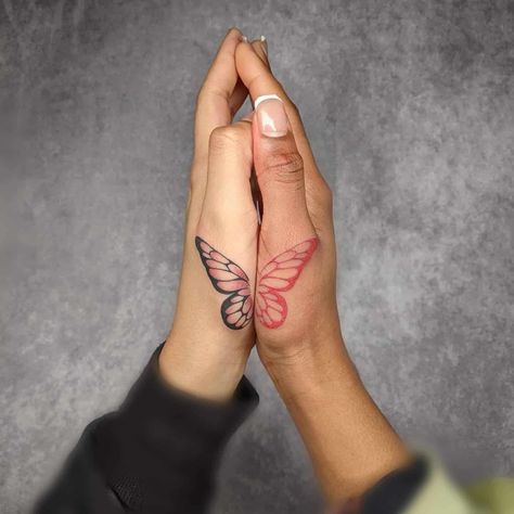 19 Unique And Beautiful Butterfly Tattoo Designs For Women His And Hers Butterfly Tattoos, His And Her Butterfly Tattoo, Butterfly Tattoo Couple, Matching Half Butterfly Tattoo, Couples Butterfly Tattoos, Twin Butterfly Tattoo, Best Friend Tattoos Hand, Fading Butterfly Tattoo, Couple Tattoos Butterfly