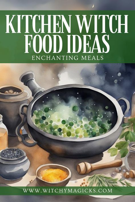 Transform your kitchen into a cauldron of culinary magic with our enchanting food ideas! From savory spells to sweet incantations, explore recipes infused with intention and love. Embrace the art of Kitchen Witchery and delight in meals that nourish both body and spirit. Let's conjure up delicious dishes that celebrate the magic of everyday life.   #KitchenWitch #EnchantingMeals #CulinaryMagic #NourishYourSoul #WitchyMagicks #Herbs #HerbalMagic #KitchenMagic #Witch #Witchcraft Witchy Recipes Magic Spells, Food Magic Spells, Green Witch Recipes, Witchy Food Ideas, Kitchen Witchery Herbal Magic, Witch Recipes Potions, Kitchen Witch Altar Ideas, Kitchen Witchcraft For Beginners, Practical Magic Recipes