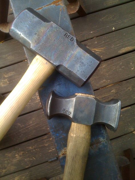 My hammers back when they were new. The one on the left is an 8.5lb short-handled sledge and the right one is a 3.5lb. Bailey-style forging hammer. Forging Hammer, Medieval Steampunk, Blacksmith Hammer, Forging Tools, Forging Knives, Power Hammer, Sculpture Studio, Hammer Tool, Blacksmith Forge