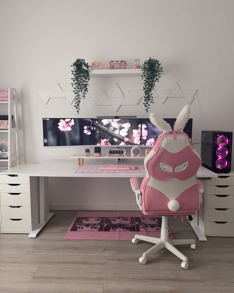 Swipe to light up my cozy home office / gaming setup >>> I’m using my Nanoleaf Shapes again!💗 This time it’s a new layout ✨ 💭What do you think about my pink setup so far? Would you add or change anything?👀 I do! 🙋🏻‍♀️I definitely need to upgrade my PC and make it pink and white😆 Also, I’m finally using my new monitor light from BenQ!🫶🏻 ᡣ𐭩 •｡ꪆৎ ˚⋅ Find all my product links & discount codes to SAVE money in my link in bio!🛍️🛒 𐙚 ‧₊˚ ⋅ ᡣ𐭩 •｡ꪆৎ ˚⋅ #pinksetup #cozysetup #pinkaesthetic #coz... Makeup And Gaming Setup, Pink And White Home Office, Vanity And Gaming Setup, White And Pink Pc Setup, Pink And White Gaming Setup, Office Gaming Setup, Pink Gaming Setup, Pink Setup, Home Office Gaming