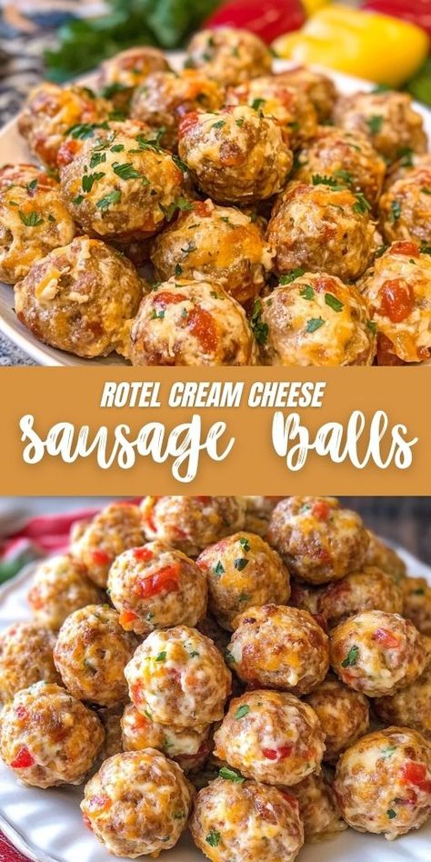 Rotel Cream Cheese Sausage Balls Ingredients: 1 lb hot sausage, uncooked 1 (8-oz) package cream cheese, softened 1 (10-oz) can Rotel diced tomatoes and green chilies, drained 1½ cups Bisquick 2 cups shredded Mexican cheese blend #Rotel #CreamCheese #Sausage #Balls Finger Food Easy, Cream Cheese Rotel, Sausage Balls Low Carb, Cream Cheese Balls Recipe, Cheese Sausage Balls, Mexican Cheese Blend, Cream Cheese Sausage, Sausage Balls Bisquick, Sausage Cheese Balls