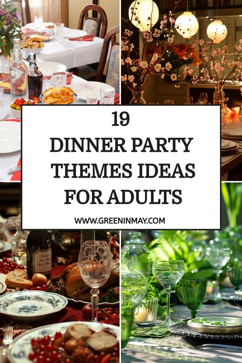 dinner party themes ideas for adults | Fun party themes for adults Dinner Party Table Settings Round Table, Party Theme Decoration Ideas, 35 Birthday Dinner Party, Easy Food For Dinner Party, Casual Dinner Party Ideas, Dinner Party Theme Menu Ideas, October Dinner Party Themes, Birthday Soiree Ideas, What To Make For A Dinner Party