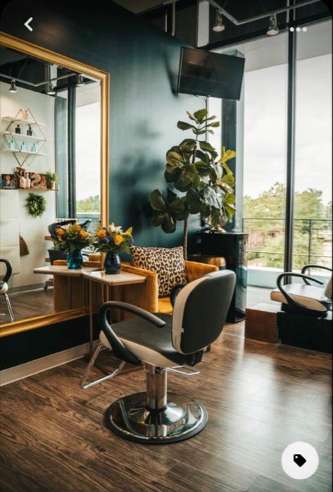 Salon Suite Decor Green, Emerald Green Hair Salon, Eclectic Hair Salon Decor, Colorful Hair Salon Decor, Salon Outdoor Design, Art Deco Salon Interiors, Small Color Bar Salon Ideas, Witchy Salon Suite, Modern Salon Aesthetic