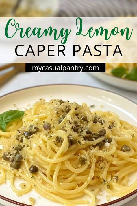 Skip the restaurant and make this creamy Lemon Caper Pasta at home with just five ingredients. Ready in less than 15 minutes, this is a weeknight dinner winner. Lemon And Caper Pasta, Pasta Dishes With Capers, Caper Sauce For Pasta, Rice With Capers, Easy Recipes Using Capers, Lemon Pasta With Capers, Lemon Piccata Pasta, Capers Pasta Recipe, Pasta With Lemon And Capers