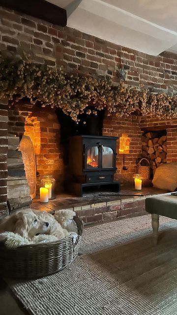 British Cottage Interior, English Cottage Interiors, Cottage Fireplace, British Cottage, Wood Stove Fireplace, Inglenook Fireplace, Cottage Living Rooms, Pellet Stove, Cottage Interiors