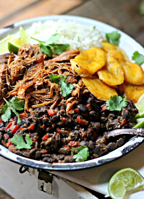 Cuban Pork & Black Bean Rice Bowls - The Gourmet RD Cuban Bowls, Beans And Plantain, Beans And Plantains, Pork And Rice Recipes, Black Bean Rice, Cuban Rice, Pork And Rice, Cuban Pork, Bean Rice