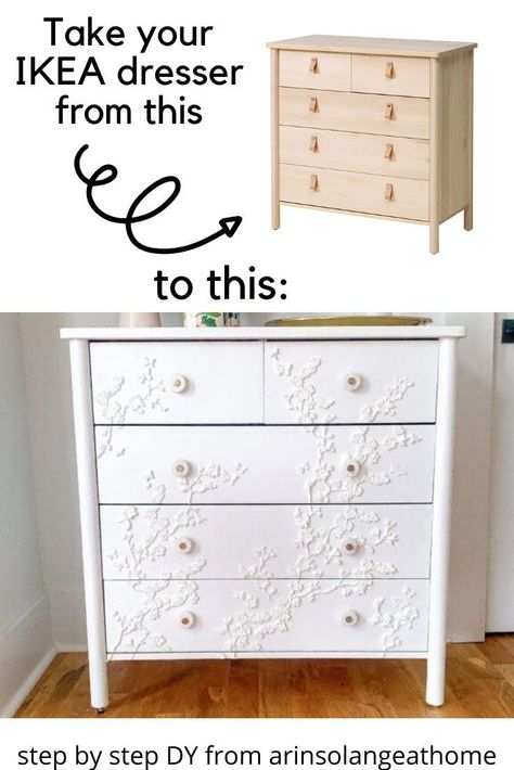 Update your Ikea dresser with this easy DIY hack! Step by step instructions to personalize your IKEA furniture using paint and resin. Ikea Bjorksnas, Ikea Closet Hack, Ikea Dresser Makeover, Ikea Dresser Hack, Dresser Hack, Cozy Cottage Kitchen, Ikea Makeover, Shabby Bedroom, Ikea Drawers