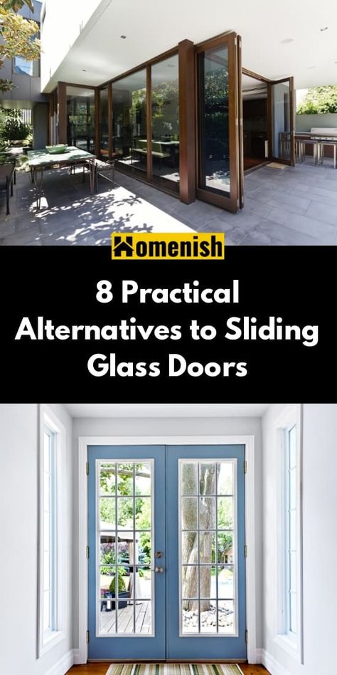 Sliding glass doors are a great way to open up your patio or balcony to the outside – and the sunlight- without having to give up any floor space. But there are also some downsides to these doors that can prompt homeowners to look for alternatives. Change Sliding Glass Door To French Doors, French Doors Opening Out, Mudroom With Sliding Glass Door, Backdoor Sliding Door Ideas, Sliding Door Porch Ideas, Replace Sliding Glass Door With French, Sliding Glass Door Ideas Patio, French Door Alternatives, Backdoor Ideas Back Doors Patio