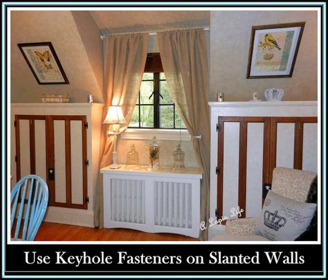 Here's how to defy gravity & hang art on slanted walls. Decorate Slanted Walls, Decorating Slanted Walls, Bedrooms Neutral, Entryway Buffet, Burlap Drapes, Entryway Paint, Kitchen Nordic, Mirror Boho, Slanted Walls