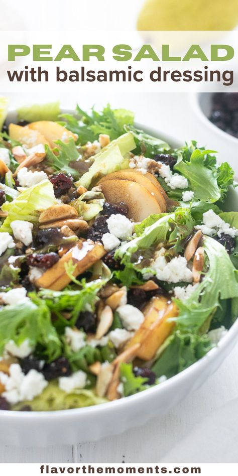 Pear Salad with Balsamic Dressing is crisp, flavorful and is great for any occasion! It's a great way to celebrate pear season and it comes together in minutes! #pearsalad #saladrecipes #glutenfree Lettuce Pear Salad Recipes, Romaine Pear Salad Recipes, Pear And Feta Salad Recipes, Vertical Pear Salad, Broccoli Pear Salad, Pear Lettuce Salad, Salads With Pears And Pecans, Pear Feta Salad Recipes, Spinach And Pear Salad Recipes