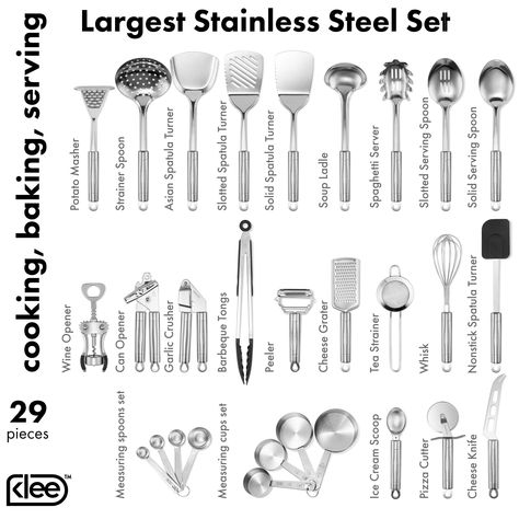 Klee Deluxe 29-Piece Heat-Resistant Stainless Steel Kitchen Utensil Set -- Check out this great product.-It is an affiliate link to Amazon. Essen, Kitchen Utensils List, Minimalist Kitchen Essentials, Kitchen Essentials List, Safe Kitchen, Stainless Steel Kitchen Utensils, Kitchen Necessities, Kitchen Tool Set, Cooking Utensils Set