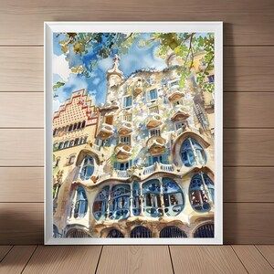 Barcelona Painting Gaudi Architecture Print, Casa Batlló Gaudí House Art by Macarena Ortega, Spain Wall Art, Spanish Architecture Download Spain Watercolor, Barcelona Painting, Spanish Wall Art, Architecture Barcelona, Barcelona Art, Gaudi Architecture, Spain Art, Casa Batlló, Spanish Architecture