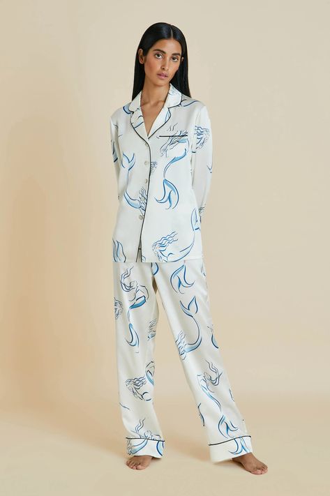 Olivia von Halle | The Lila Echo | Silk Satin Mermaid Printed Luxury Pajama Set Siren Call, Satin Pyjama, Silk Pyjamas, Luxury Pajamas, Olivia Von Halle, Silk Pajama, Mermaid Print, Black Pipe, Silk Pajama Set