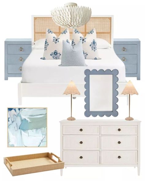 White Bed Throw, Scallop Mirror, Bedroom Dresser Styling, Night Stands Bedroom, Blue And White Bedding, Coastal Bedroom Furniture, Dresser Decor Bedroom, Tiny Bedroom Design, Blue Nightstands