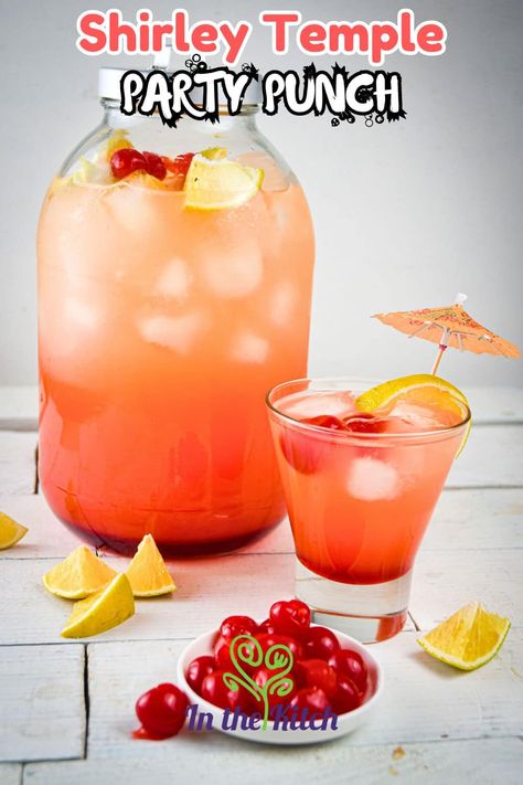 Shirley Temple Punch - In the Kitch Shirley Temple Punch, Party Punch Alcohol, Party Tips And Tricks, Shirley Temple Drink, Fun Party Drinks, Youth Groups, Non Alcoholic Cocktails, Alcoholic Cocktails, Delicious Drink Recipes