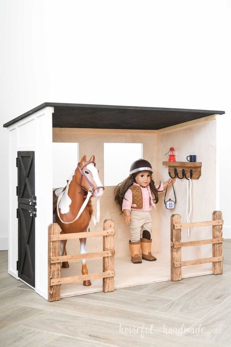 DIY Horse Stable Dollhouse for 18" Dolls Cardboard Horse Stable, Diy Toy Horse Stable, Board Batten Exterior, Dollhouse Woodworking Plans, Horse Activities, Toy Horse Stable, Shelf And Hooks, Diy Horse Barn, Board And Batten Exterior