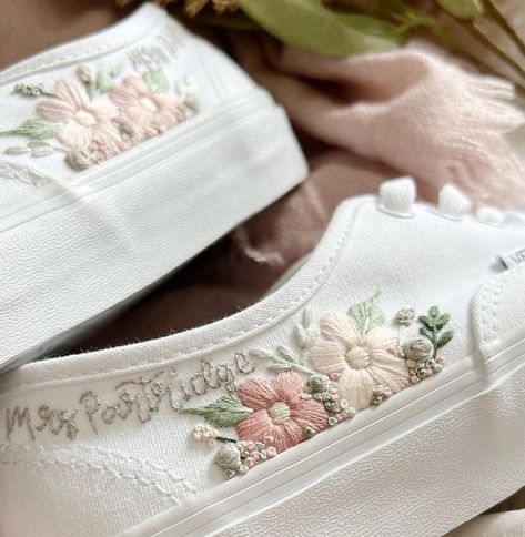 Wedding Sneakers Embroidery, Spring Embroidered Wedding Shoes, Spring Wedding Embroidered Sneakers, Embroidered Vans Wedding, White Wedding Sneakers With Custom Embroidery, Embroidery Shoes Diy, White Floral Embroidery Low-top Sneakers, Embroidery Apparel, Embroidery Belt