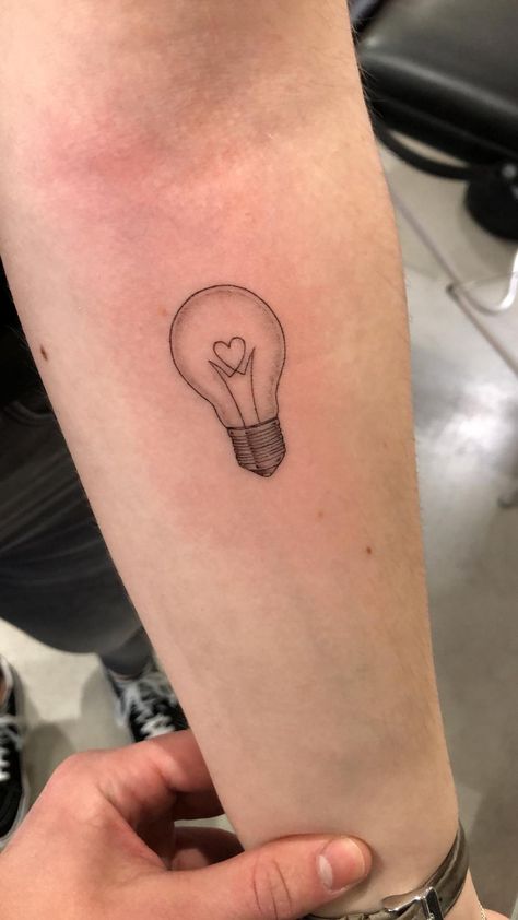 Light Worker Tattoo Ideas, Light Bulb Tattoo Design, Love And Light Tattoo Ideas, Lightbulb Heart Tattoo, Tattoos About Light, Lightbulb Tattoo Ideas, Lightbulb Tattoo Simple, Small Lightbulb Tattoo, Love And Light Tattoo