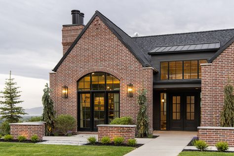 Black Windows on Red Brick Home Add Design Interest Brown Brick House Exterior, Brick Farmhouse Exterior, Brown Brick Exterior, Brown Brick Houses, Red Brick House Exterior, Red Brick Exteriors, Brick Farmhouse, Brick Houses, Elegant Doors