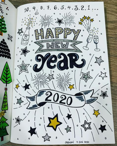 New Years Calendar Ideas, New Year Doodle Art 2024, New Years Notebook Ideas, New Year Bujo Cover, New Years Drawings Easy, New Years Doodles, New Years Bullet Journal, January Calendar Ideas, January Doodles