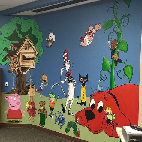 Classroom Murals Elementary, Classroom Mural Ideas Elementary, Storybook Classroom Theme, Library Mural Ideas, Ks1 Library, Library Wall Mural Ideas, Children’s Library Ideas, Reading Mural, Storybook Mural