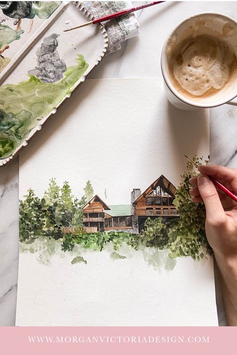 Log Cabin Watercolor, Watercolor Wedding Painting, Watercolor Home Painting, Rustic Watercolor Painting, Outdoors Artwork, Watercolor Cabin, Wedding Watercolor Painting, Mountains Watercolor, Mountain Watercolor