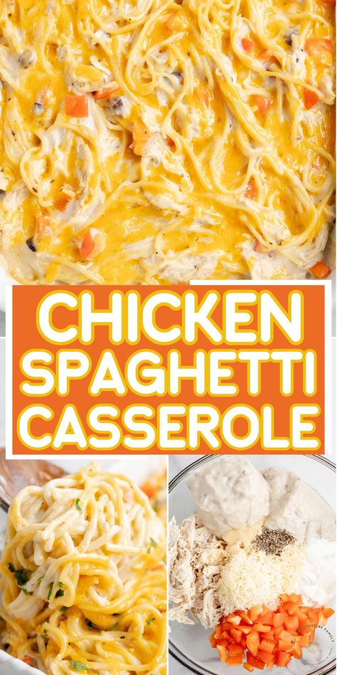 This easy cheesy Chicken Spaghetti Casserole combines tender chicken and spaghetti in a cheesy and creamy sauce. It's a family favorite casserole, the ultimate comfort food, and an easy prep recipe for busy nights. Chicken Spaghetti Casserole Pioneer Woman, Gourmet Chicken Spaghetti, Million Dollar Chicken Spaghetti Casserole, Chicken Spaghetti No Rotel, Chicken And Spaghetti Casserole, Chicken Spaghetti Casserole Velveeta, Chicken Spaghetti For A Large Crowd, Quick Easy Dinner With Chicken, Dreamy Spaghetti Casserole